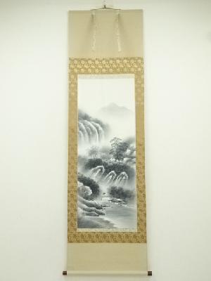 榎本渓崖筆　水墨山水　肉筆絹本掛軸（保護箱）